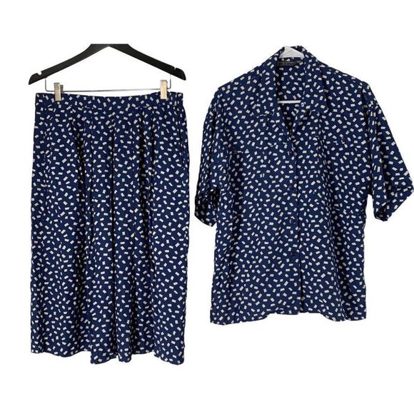 Women’s 80s Vintage Jimmy Garcia Skirt Set Medium Matching 5405 Blue Midi - Picture 6 of 11